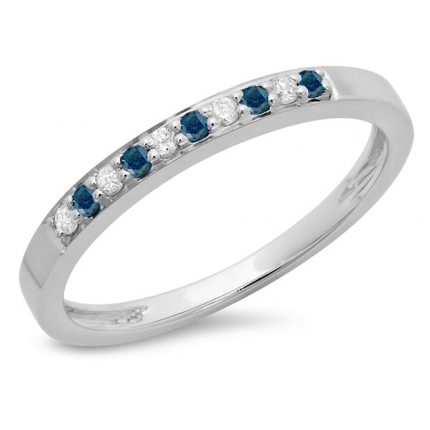 0.15 Carat (ctw) 10K White Gold Round Blue & White Diamond Ladies Anniversary Wedding Band Stackable Ring