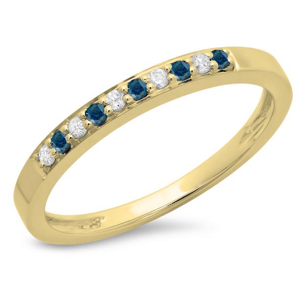 0.15 Carat (ctw) 10K Yellow Gold Round Blue & White Diamond Ladies Anniversary Wedding Band Stackable Ring