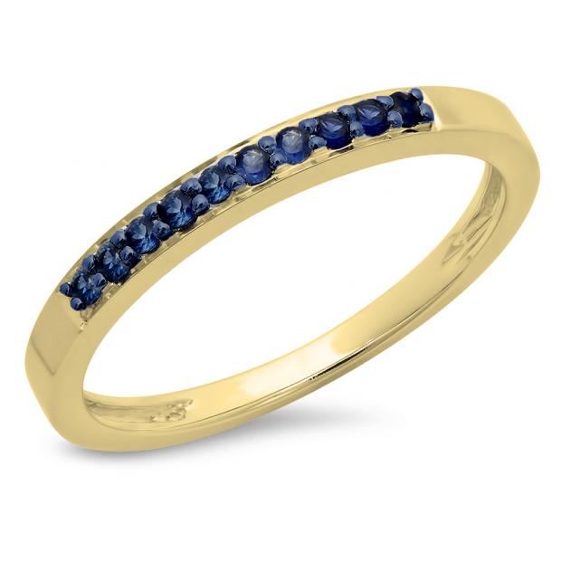 0.15 Carat (ctw) 10K Yellow Gold Round Blue Sapphire Ladies Anniversary Wedding Band Stackable Ring