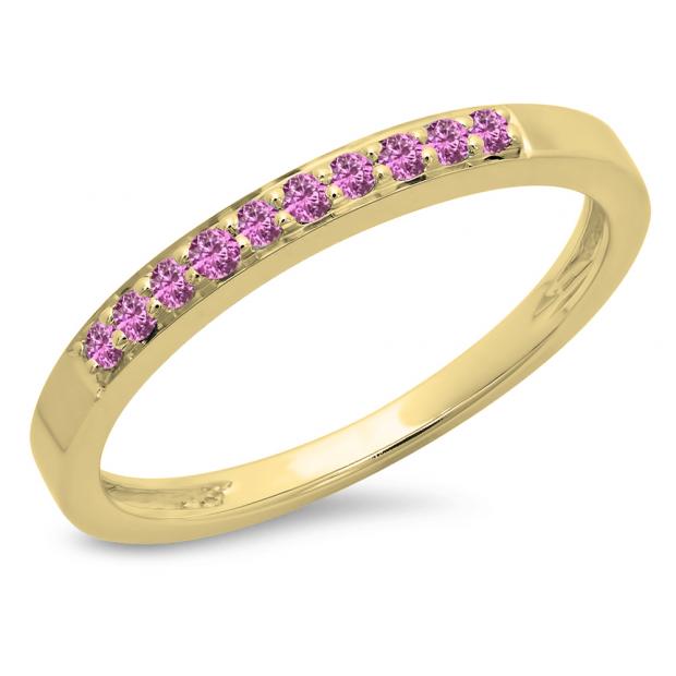 0.15 Carat (ctw) 10K Yellow Gold Round Pink Sapphire Ladies Anniversary Wedding Band Stackable Ring