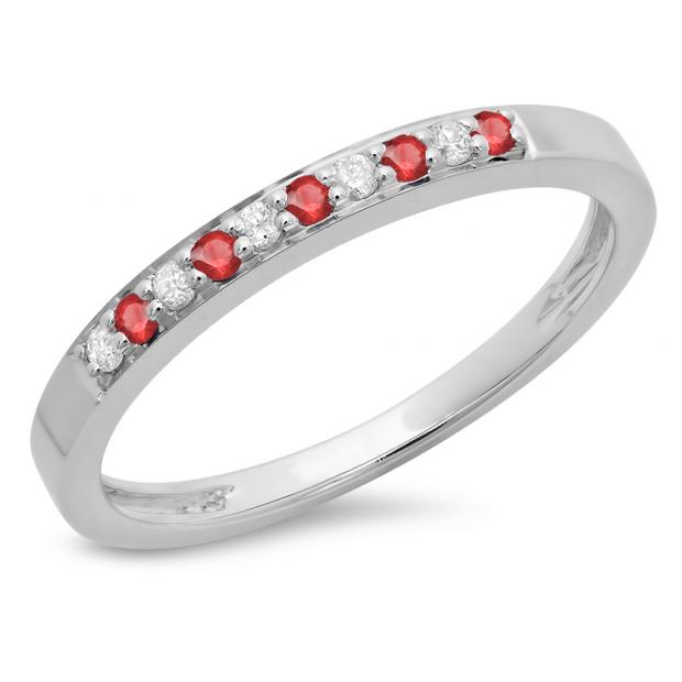 0.15 Carat (ctw) 10K White Gold Round Ruby & White Diamond Ladies Anniversary Wedding Band Stackable Ring