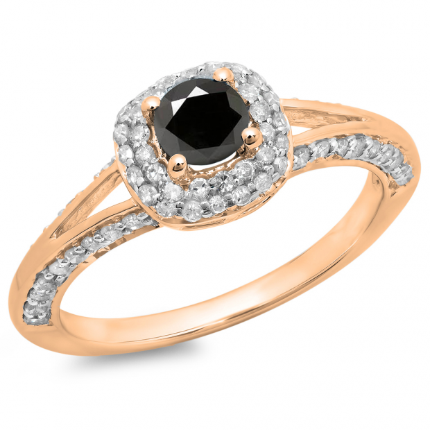 0.90 Carat (ctw) 14K Rose Gold Round Cut Black & White Diamond Ladies Bridal Split Shank Halo Style Engagement Ring