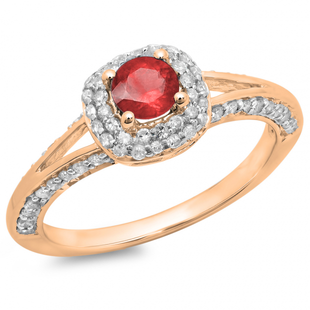 0.90 Carat (ctw) 14K Rose Gold Round Cut Ruby & White Diamond Ladies Bridal Split Shank Halo Style Engagement Ring