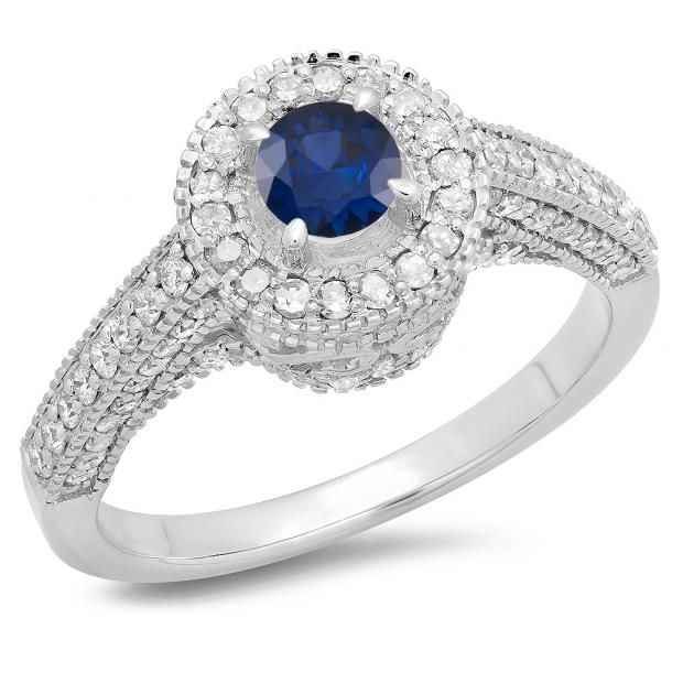 1.00 Carat (ctw) 14K White Gold Round Blue Sapphire & White Diamond Ladies Bridal Vintage Halo Style Engagement Ring 1 CT