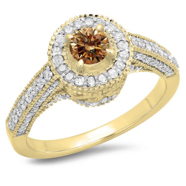 1.00 Carat (ctw) 10K Yellow Gold Round Champagne & White Diamond Ladies Bridal Vintage Halo Style Engagement Ring 1 CT