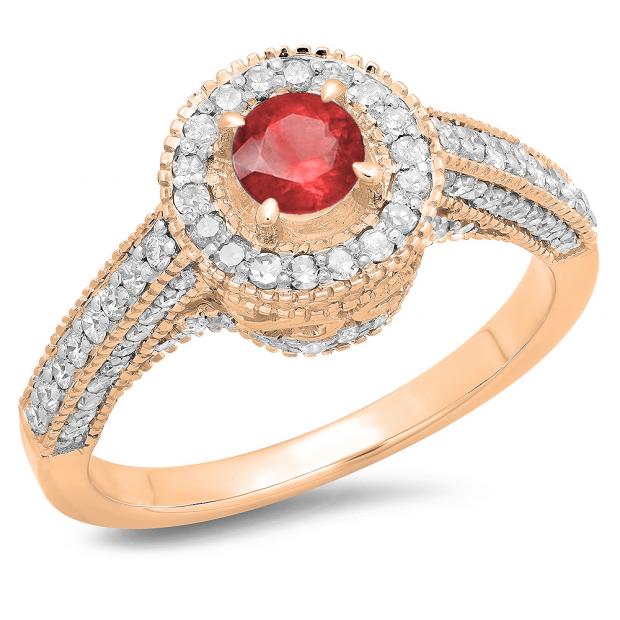 1.00 Carat (ctw) 18K Rose Gold Round Ruby & White Diamond Ladies Bridal Vintage Halo Style Engagement Ring 1 CT