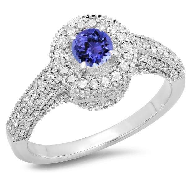 1.00 Carat (ctw) 10K White Gold Round Tanzanite & White Diamond Ladies Bridal Vintage Halo Style Engagement Ring 1 CT