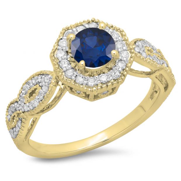 1.15 Carat (ctw) 10K Yellow Gold Round Cut Blue Sapphire & White Diamond Ladies Bridal Vintage Style Halo Engagement Ring