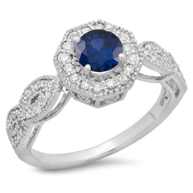 1.15 Carat (ctw) 14K White Gold Round Cut Blue Sapphire & White Diamond Ladies Bridal Vintage Style Halo Engagement Ring