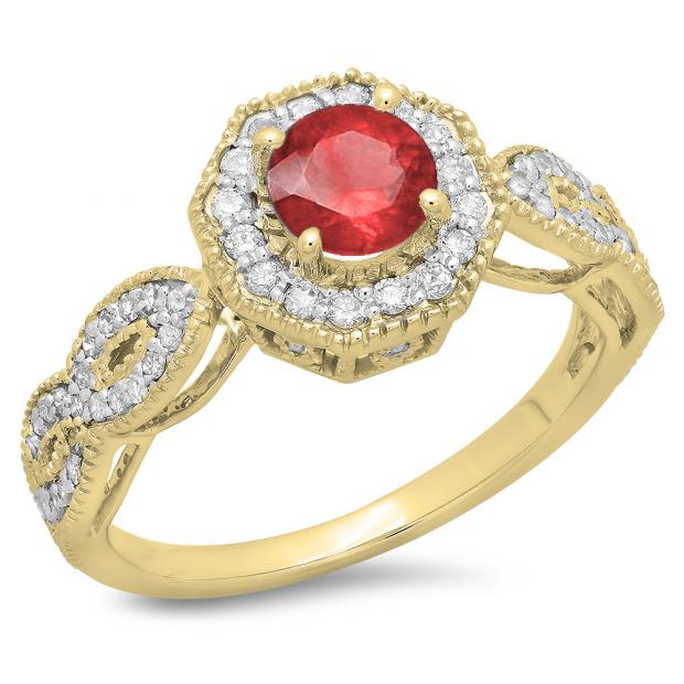 1.15 Carat (ctw) 10K Yellow Gold Round Cut Ruby & White Diamond Ladies Bridal Vintage Style Halo Engagement Ring