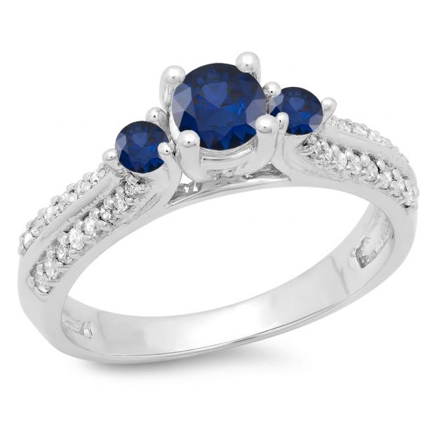 0.75 Carat (ctw) 14K White Gold Round Cut Blue Sapphire & White Diamond Ladies Bridal 3 Stone Engagement Ring 3/4 CT