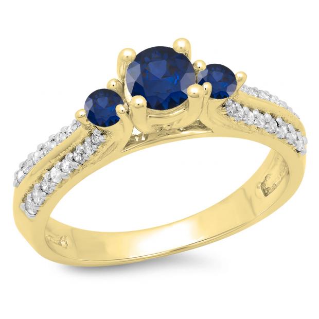 0.75 Carat (ctw) 14K Yellow Gold Round Cut Blue Sapphire & White Diamond Ladies Bridal 3 Stone Engagement Ring 3/4 CT