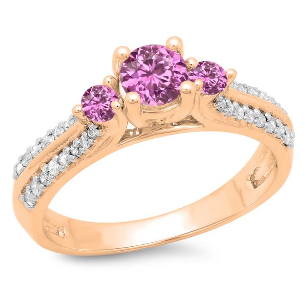 0.75 Carat (ctw) 14K Rose Gold Round Cut Pink Sapphire & White Diamond Ladies Bridal 3 Stone Engagement Ring 3/4 CT