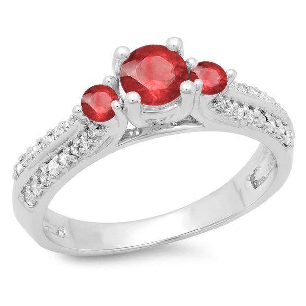 0.75 Carat (ctw) 10K White Gold Round Cut Ruby & White Diamond Ladies Bridal 3 Stone Engagement Ring 3/4 CT