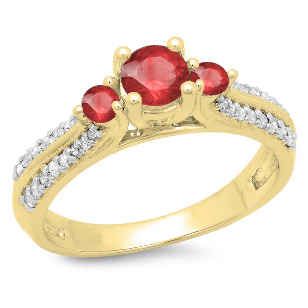 0.75 Carat (ctw) 10K Yellow Gold Round Cut Ruby & White Diamond Ladies Bridal 3 Stone Engagement Ring 3/4 CT