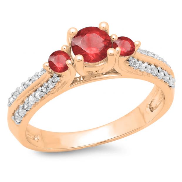 0.75 Carat (ctw) 14K Rose Gold Round Cut Ruby & White Diamond Ladies Bridal 3 Stone Engagement Ring 3/4 CT