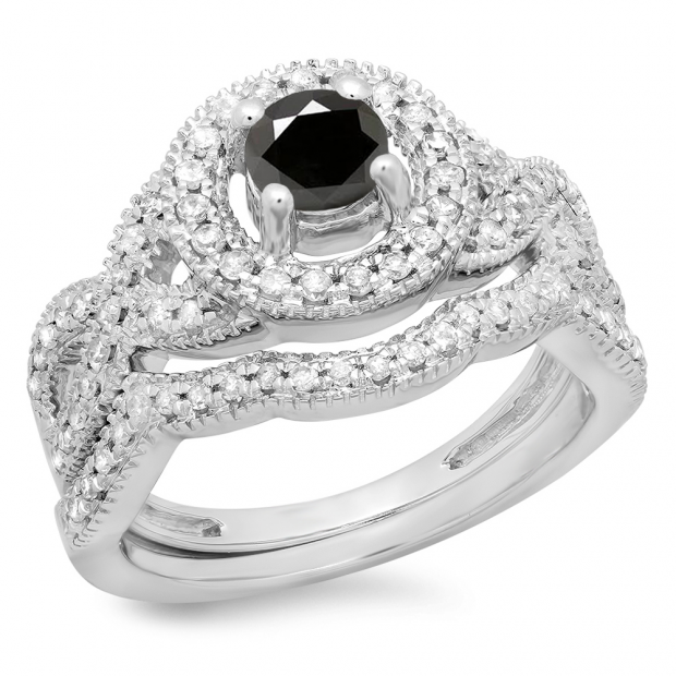 1.00 Carat (ctw) 14K White Gold Round Cut Black & White Diamond Ladies Swirl Bridal Halo Engagement Ring With Matching Band Set 1 CT