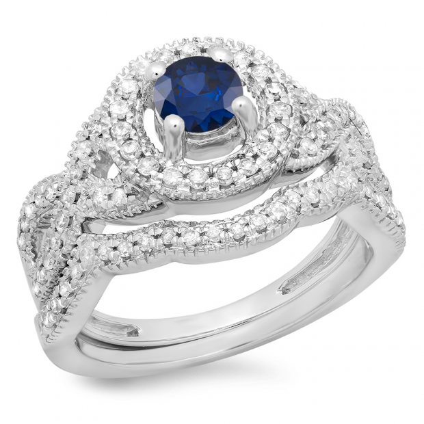 1.00 Carat (ctw) 10K White Gold Round Cut Blue Sapphire & White Diamond Ladies Swirl Bridal Halo Engagement Ring With Matching Band Set 1 CT