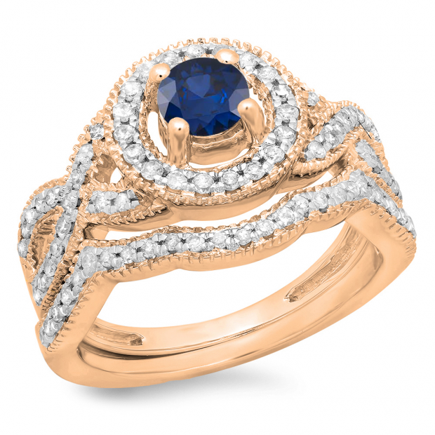1.00 Carat (ctw) 14K Rose Gold Round Cut Blue Sapphire & White Diamond Ladies Swirl Bridal Halo Engagement Ring With Matching Band Set 1 CT