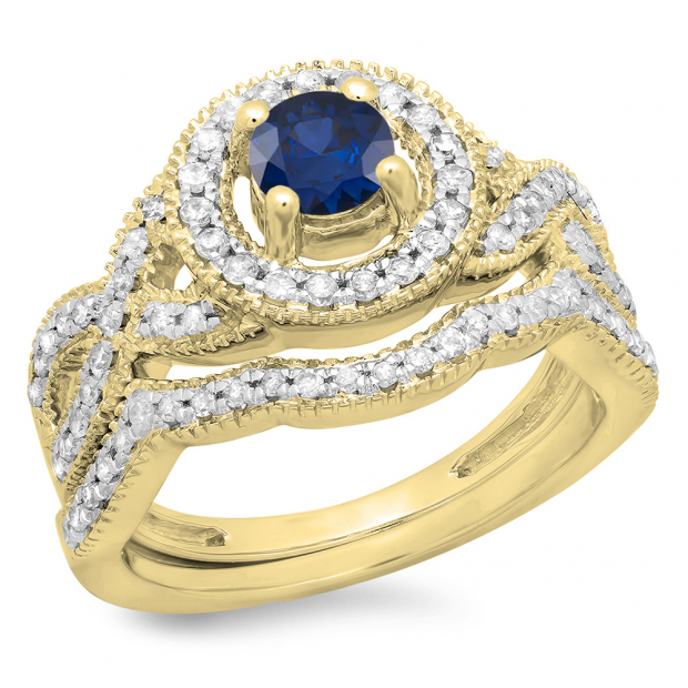 1.00 Carat (ctw) 14K Yellow Gold Round Cut Blue Sapphire & White Diamond Ladies Swirl Bridal Halo Engagement Ring With Matching Band Set 1 CT