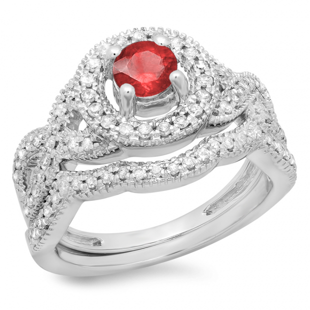 1.00 Carat (ctw) 10K White Gold Round Cut Ruby & White Diamond Ladies Swirl Bridal Halo Engagement Ring With Matching Band Set 1 CT