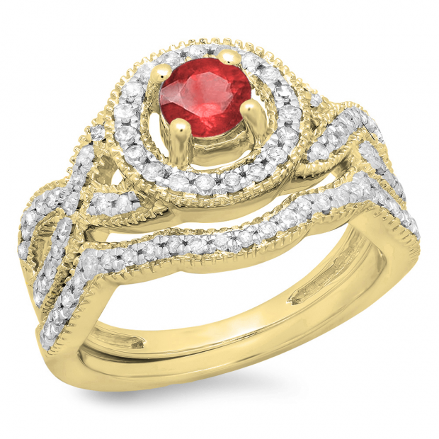 1.00 Carat (ctw) 14K Yellow Gold Round Cut Ruby & White Diamond Ladies Swirl Bridal Halo Engagement Ring With Matching Band Set 1 CT