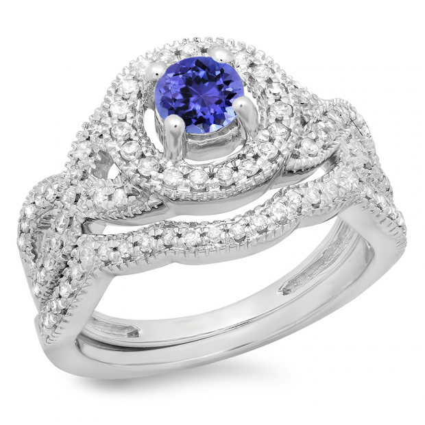 1.00 Carat (ctw) 18K White Gold Round Cut Tanzanite & White Diamond Ladies Swirl Bridal Halo Engagement Ring With Matching Band Set 1 CT