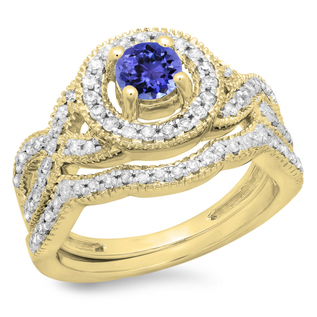 1.00 Carat (ctw) 18K Yellow Gold Round Cut Tanzanite & White Diamond Ladies Swirl Bridal Halo Engagement Ring With Matching Band Set 1 CT