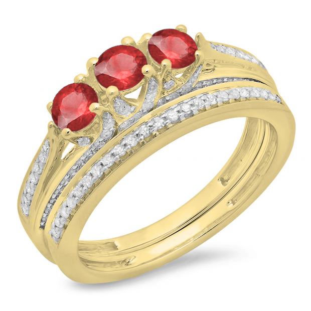 1.00 Carat (ctw) 18K Yellow Gold Round Cut Ruby & White Diamond Ladies Bridal 3 Stone Engagement Ring With Matching Band Set 1 CT