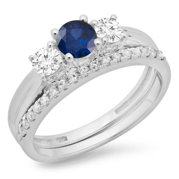 1.00 Carat (ctw) 18K White Gold Round Cut Blue Sapphire & White Diamond Ladies Bridal 3 Stone Engagement Ring Matching Band Set 1 CT