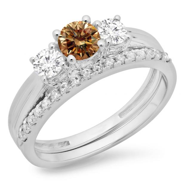 1.00 Carat (ctw) 18K White Gold Round Cut Champagne & White Diamond Ladies Bridal 3 Stone Engagement Ring Matching Band Set 1 CT