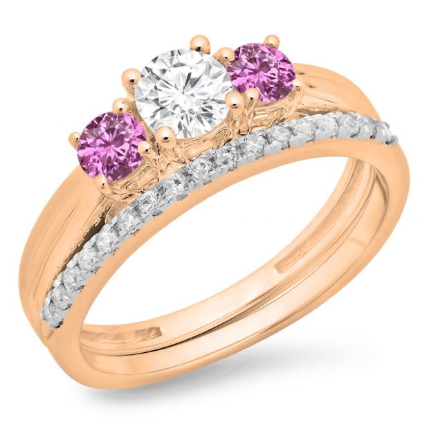 1.00 Carat (ctw) 10K Rose Gold Round Cut Pink Sapphire & White Diamond Ladies Bridal 3 Stone Engagement Ring Matching Band Set 1 CT