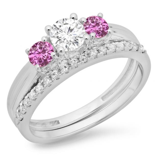 1.00 Carat (ctw) 10K White Gold Round Cut Pink Sapphire & White Diamond Ladies Bridal 3 Stone Engagement Ring Matching Band Set 1 CT
