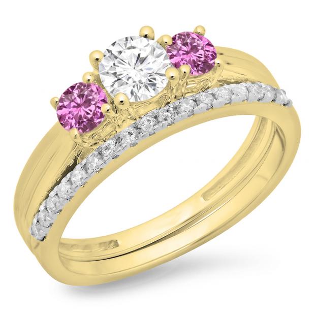 1.00 Carat (ctw) 10K Yellow Gold Round Cut Pink Sapphire & White Diamond Ladies Bridal 3 Stone Engagement Ring Matching Band Set 1 CT