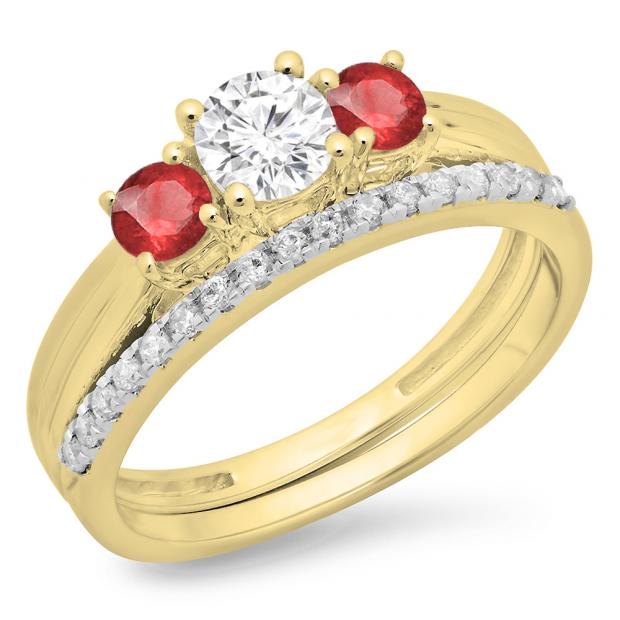 1.00 Carat (ctw) 18K Yellow Gold Round Cut Ruby & White Diamond Ladies Bridal 3 Stone Engagement Ring Matching Band Set 1 CT