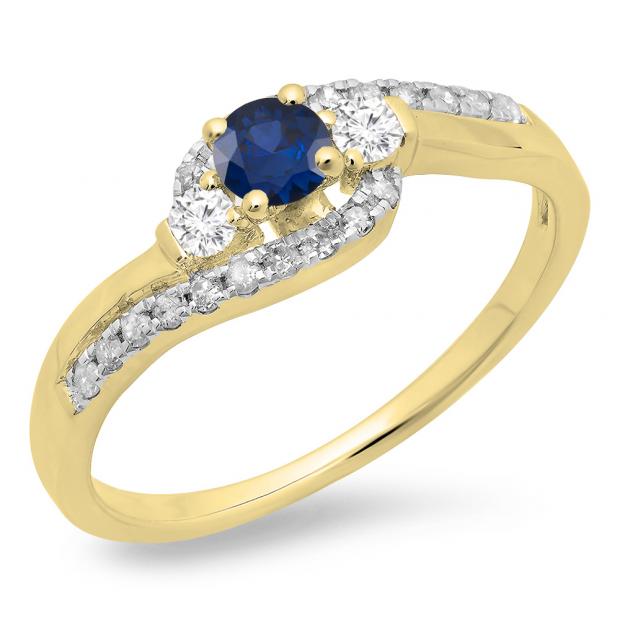 0.50 Carat (ctw) 10K Yellow Gold Round Cut Blue Sapphire & White Diamond Ladies Bridal Bypass Swirl 3 Stone Engagement Ring 1/2 CT