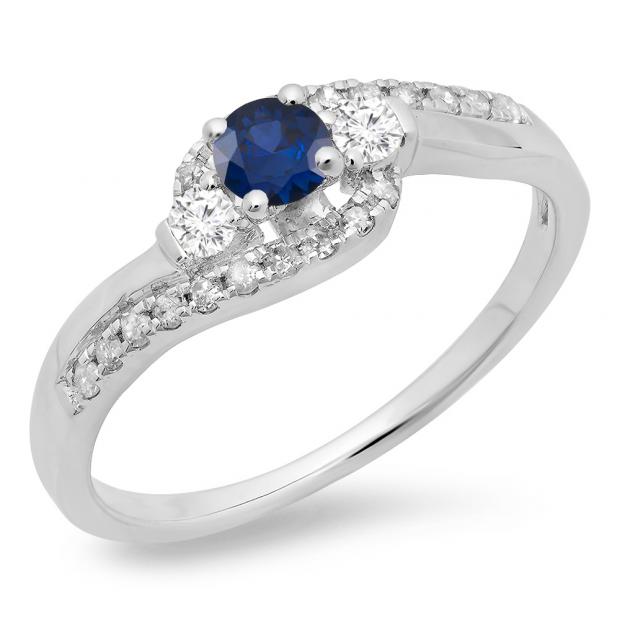 0.50 Carat (ctw) 14K White Gold Round Cut Blue Sapphire & White Diamond Ladies Bridal Bypass Swirl 3 Stone Engagement Ring 1/2 CT