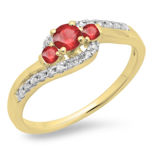 0.50 Carat (ctw) 10K Yellow Gold Round Cut Ruby & White Diamond Ladies Bridal Bypass Swirl 3 Stone Engagement Ring 1/2 CT