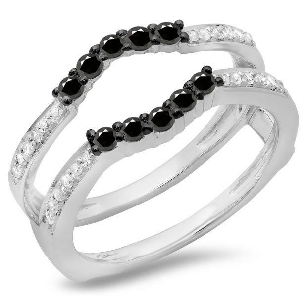 0.50 Carat (ctw) 10K White Gold Round Cut Black & White Diamond Ladies Anniversary Wedding Band 5 Stone Enhancer Guard Double Ring 1/2 CT