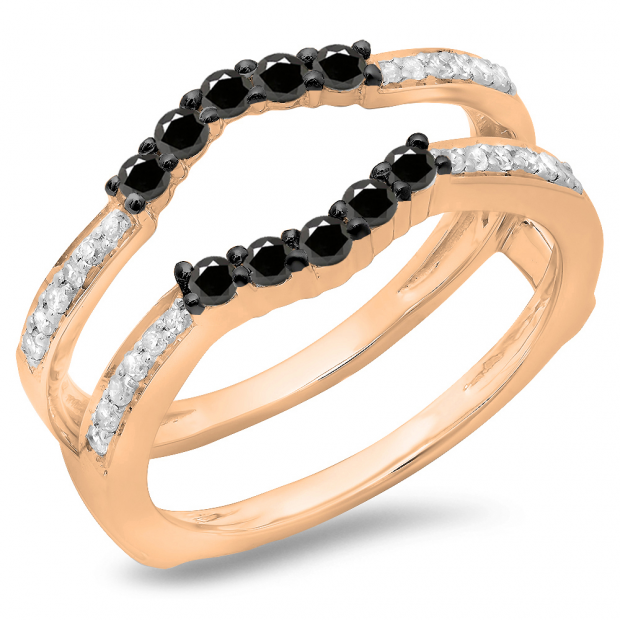 0.50 Carat (ctw) 14K Rose Gold Round Cut Black & White Diamond Ladies Anniversary Wedding Band 5 Stone Enhancer Guard Double Ring 1/2 CT