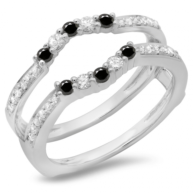 0.50 Carat (ctw) 10K White Gold Round Cut Black & White Diamond Ladies Anniversary Wedding Band 5 Stone Enhancer Guard Double Ring 1/2 CT