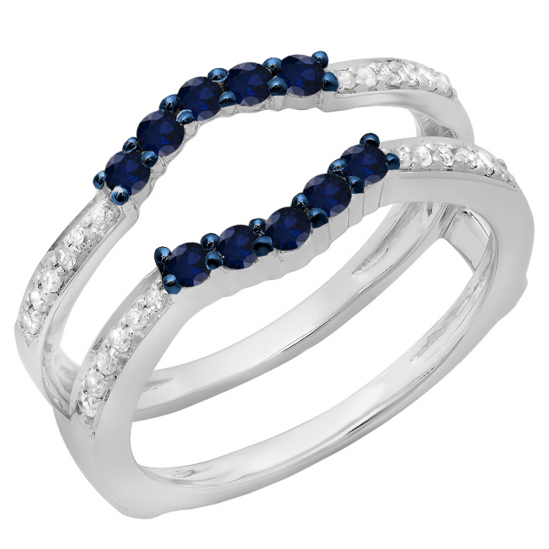 0.50 Carat (ctw) 10K White Gold Round Cut Blue Sapphire & White Diamond Ladies Anniversary Wedding Band 5 Stone Enhancer Guard Double Ring 1/2 CT