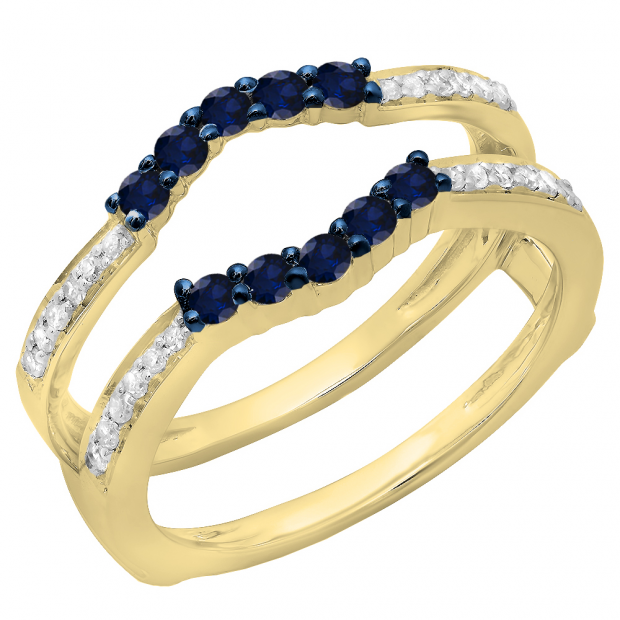 0.50 Carat (ctw) 10K Yellow Gold Round Cut Blue Sapphire & White Diamond Ladies Anniversary Wedding Band 5 Stone Enhancer Guard Double Ring 1/2 CT