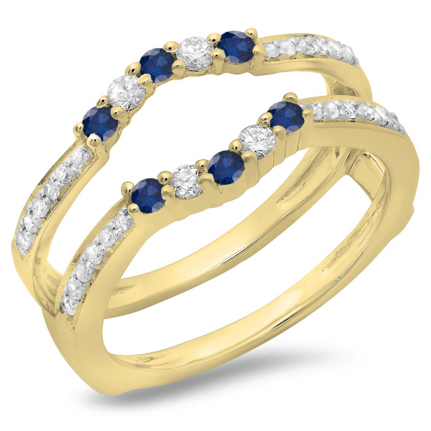 0.50 Carat (ctw) 14K Yellow Gold Round Cut Blue Sapphire & White Diamond Ladies Anniversary Wedding Band 5 Stone Enhancer Guard Double Ring 1/2 CT