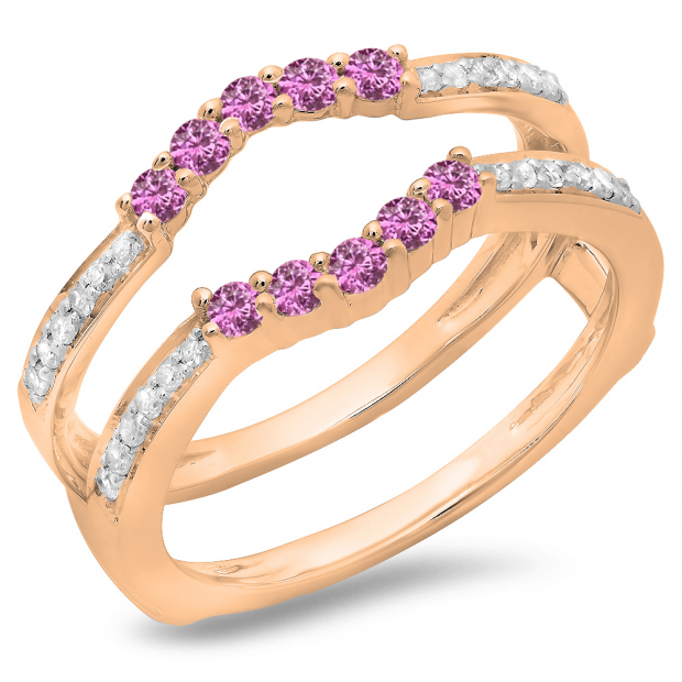 0.50 Carat (ctw) 10K Rose Gold Round Cut Pink Sapphire & White Diamond Ladies Anniversary Wedding Band 5 Stone Enhancer Guard Double Ring 1/2 CT