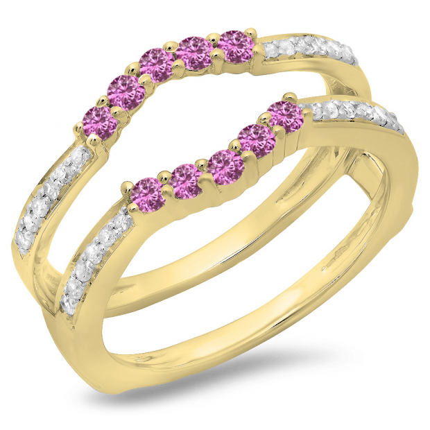 0.50 Carat (ctw) 10K Yellow Gold Round Cut Pink Sapphire & White Diamond Ladies Anniversary Wedding Band 5 Stone Enhancer Guard Double Ring 1/2 CT