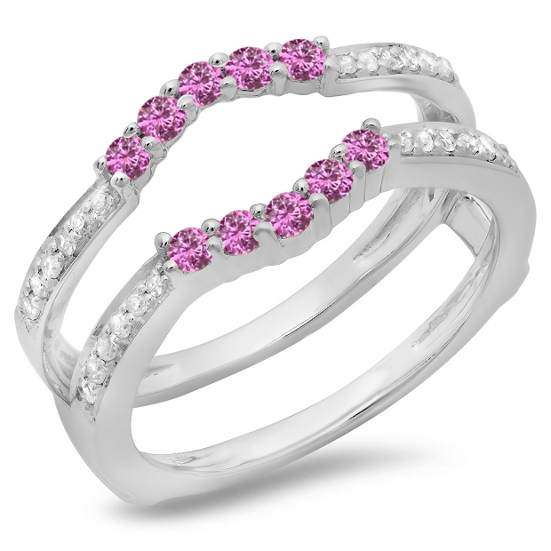 0.50 Carat (ctw) 14K White Gold Round Cut Pink Sapphire & White Diamond Ladies Anniversary Wedding Band 5 Stone Enhancer Guard Double Ring 1/2 CT