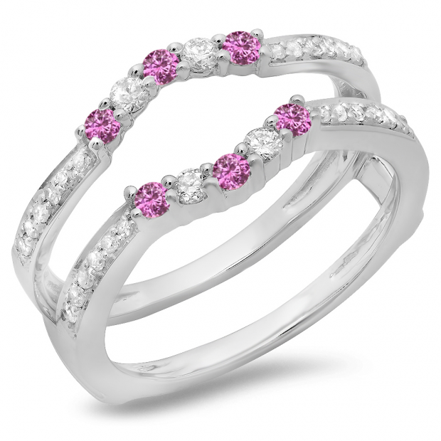 0.50 Carat (ctw) 10K White Gold Round Cut Pink Sapphire & White Diamond Ladies Anniversary Wedding Band 5 Stone Enhancer Guard Double Ring 1/2 CT
