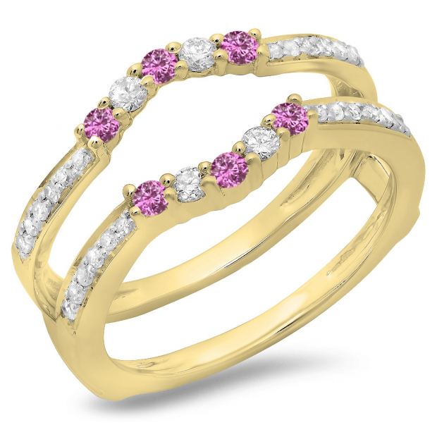 0.50 Carat (ctw) 10K Yellow Gold Round Cut Pink Sapphire & White Diamond Ladies Anniversary Wedding Band 5 Stone Enhancer Guard Double Ring 1/2 CT