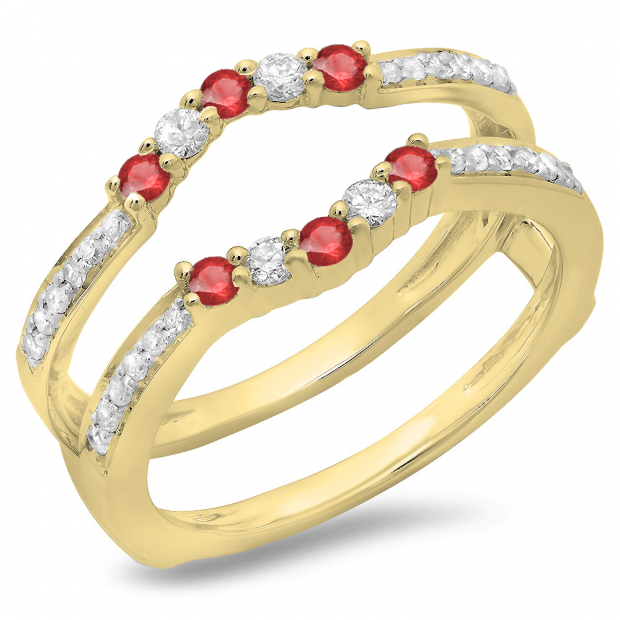 0.50 Carat (ctw) 10K Yellow Gold Round Cut Ruby & White Diamond Ladies Anniversary Wedding Band 5 Stone Enhancer Guard Double Ring 1/2 CT